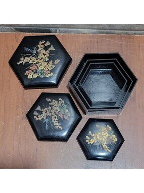 Vintage Black Hexagonal Nesting Trinket Boxes Chinoiserie Floral Set of 3